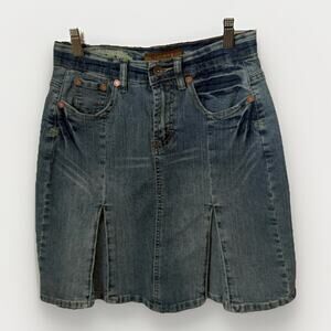 Vintage Y2K Denim Skirt Pleated Mini Jeans Embroidered 90’s Paneled Cute Slit 1